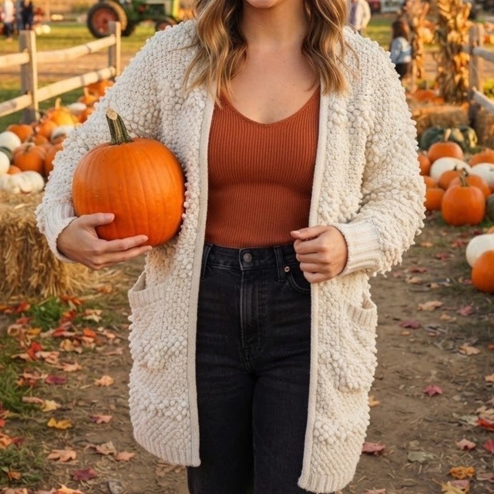 Lou & Grey Popcorn Knit Cardigan Sweater Ivory Cream Longline Alpaca Blend Small